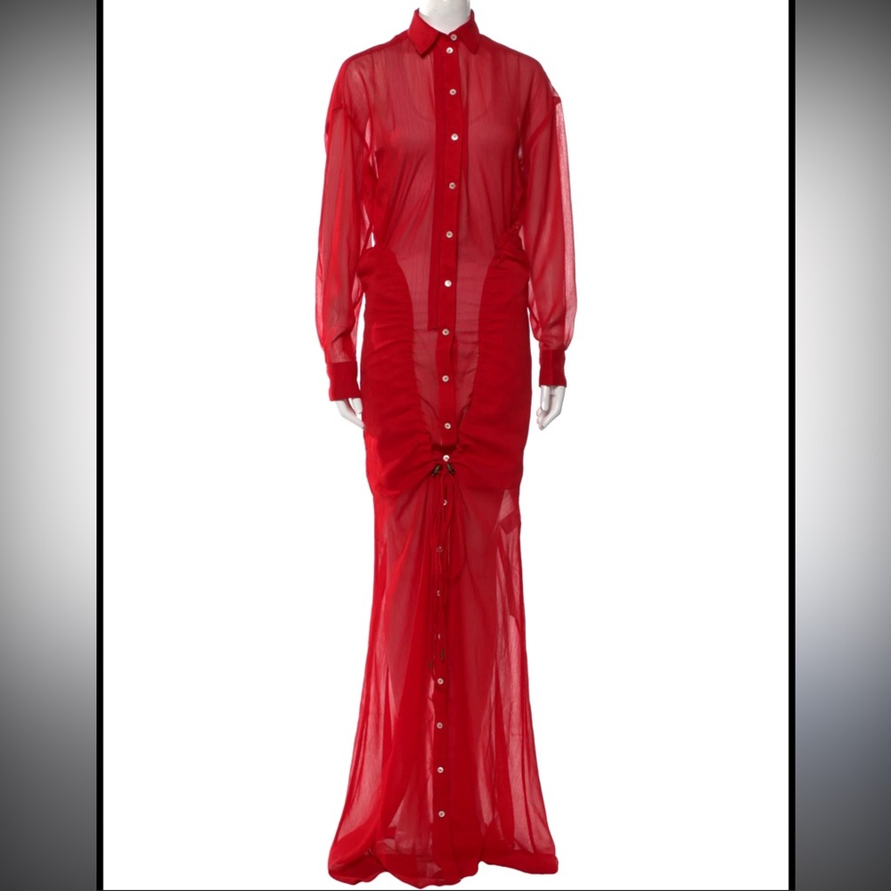Elegant Red Sheer Maxi Dress, Y/Project Avant-Garde Sheer Red Maxi Shirt Dress